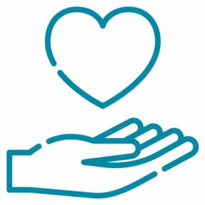 Caring-Staff-Icon Line drawing of a hand holding a heart indicating a caring staff